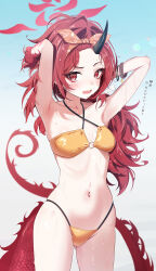 1girl :o absurdres armpits arms_up bikini blue_archive blush breasts collarbone commentary criss-cross_halter dragon_horns dragon_tail fangs gluteal_fold groin halo halterneck highleg highleg_bikini highres horns long_hair looking_at_viewer navel o-ring o-ring_bikini official_alternate_costume orange_bikini red_eyes red_hair renge_(blue_archive) renge_(swimsuit)_(blue_archive) sikimosh single_horn skin_fangs small_breasts solo stomach string_bikini sweat swimsuit tail translation_request very_long_hair