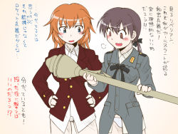 2girls blue_eyes blush brown_eyes brown_hair charlotte_e._yeager gertrud_barkhorn high-explosive_anti-tank_(warhead) man-portable_anti-tank_systems multiple_girls oosaka_kanagawa orange_hair panties panzerfaust recoilless_gun strike_witches translated underwear uniform world_witches_series