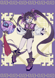 Rule 34 | 1girl, animal lantern, blue eyes, brown dust (series), brown dust 2, chinese clothes, dress, flat chest, flower eyepatch, full body, hair ribbon, highres, holding, holding lantern, lantern, layla (brown dust), long hair, looking at viewer, makeup, meander, open mouth, purple background, purple dress, purple footwear, purple ribbon, purple socks, ribbon, smile, socks, solo, standing, standing on one leg, tn scallion, twintails, very long hair, white sleeves