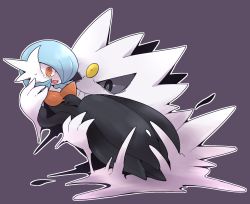 1girl @_@ alternate_color bare_shoulders black_dress black_eyes black_gloves blue_hair blush bob_cut carrying colored_sclera colored_skin dress elbow_gloves embarrassed fang flat_chest gardevoir gen_1_pokemon gen_3_pokemon gengar ghost gloves grey_sclera grin hair_over_one_eye hand_up hands_up happy highres holding holding_pokemon mega_gardevoir mega_gengar mega_pokemon nervous nintendo nose_blush one_eye_covered open_mouth orange_eyes outline pokemon pokemon_(creature) princess_carry purple_background shiny_pokemon short_hair simple_background smile strapless strapless_dress subaru331 sweat tears teeth white_outline white_skin wide-eyed