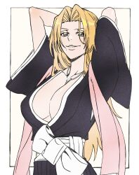 Rule 34 | 1girl, arms behind head, bleach, blonde hair, blue eyes, breasts, cleavage, collarbone, highres, large breasts, long hair, matsumoto rangiku, n (nauki 11), parted lips, seductive smile, smile, solo
