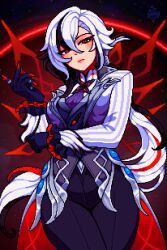1girl absurdres arlecchino_(genshin_impact) artist_name aseprite_(medium) black_eyes black_hair breasts cowboy_shot genshin_impact hair_between_eyes highres long_hair looking_at_viewer multicolored_hair pixel_art red_hair red_pupils solo streaked_hair symbol-shaped_pupils very_long_hair white_hair x-shaped_pupils yumykon