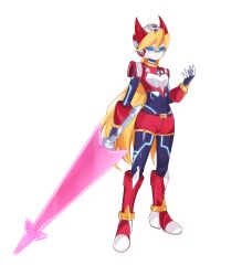 Rule 34 | 1girl, absurdres, aizeis, alternate costume, alternate hairstyle, armored boots, belt, belted shorts, biometal, blonde hair, blue eyes, body armor, bodystocking, boots, breasts, chest jewel, ciel (mega man), commission, commissioner upload, covered navel, energy sword, forehead jewel, full body, gauntlets, gloves, glowing lines, glowing markings, hair down, helmet, highres, holding, holding sword, holding weapon, knee pads, long bangs, long hair, mega man (series), mega man zero (series), mega man zx, model o (mega man), non-web source, petite, shoulder pads, small breasts, sword, transparent background, weapon