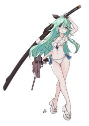 1girl adapted_turret bikini black_ribbon blush breasts full_body green_hair hair_between_eyes hair_flaps hair_ornament hair_ribbon hairclip highres holding holding_sword holding_weapon kantai_collection katana long_hair medium_breasts neve_(morris-minicooper) ponytail ribbon sandals sheath solo swimsuit sword weapon white_bikini yamakaze_(kancolle)