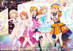 5girls ahoge aurora_flower_(love_live!) awakening_promise_(love_live!) black_boots blue_eyes blue_hat blue_shoes boots bow brown_eyes brown_hair butterfly_hair_ornament closed_eyes commentary_request confetti dress earrings elbow_gloves flower gloves hair_bow hair_bun hair_flower hair_ornament hand_up hat highres hinoshita_kaho holding holding_microphone idol jewelry kira-kira_sensation! kosaka_honoka link!_like!_love_live! long_hair love_live! love_live!_nijigasaki_high_school_idol_club love_live!_school_idol_project love_live!_sunshine!! love_live!_superstar!! medium_hair microphone multiple_girls necklace one_eye_closed open_mouth orange_dress orange_gloves orange_hair pearl_necklace pink_dress purple_eyes red_eyes screen shibuya_kanon shoes single_hair_bun smile sparkle stage superstar!!_(love_live!) takami_chika thighhighs uehara_ayumu water_blue_new_world white_dress white_gloves white_shoes white_thighhighs yumechiku
