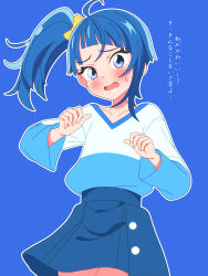 Rule 34 | 1girl, blue background, blue eyes, blue hair, blue shirt, blue skirt, blush, bow, casual, closed mouth, commentary, cowboy shot, cut bangs, frown, hair bow, highres, hirogaru sky! precure, long sleeves, looking at viewer, medium hair, miniskirt, outline, pleated skirt, precure, shinonome sakura, shirt, side ponytail, simple background, single sidelock, skirt, solo, sora harewataru, standing, sweatdrop, t-shirt, translated, two-tone shirt, white outline, white shirt, yellow bow