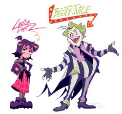 1boy 1girl :/ beetlejuice beetlejuice_(character) black_eyes black_footwear black_hair black_necktie black_skirt blonde_hair blue_socks book breasts bug character_name cleavage collared_shirt colored_sclera colored_teeth eyeshadow fang fat fat_man fingernails formal_clothes green_teeth highres holding holding_book jacket kirukrono looking_at_viewer loose_necktie lydia_deetz makeup medium_hair multicolored_jacket necktie older_man_and_younger_girl open_mouth pale_skin pants purple_eyeshadow shirt simple_background skirt smile socks striped_suit suit thighhighs toon_(style) two-tone_jacket two-tone_pants white_background white_shirt yellow_sclera