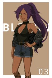1girl ;) alternate_costume arm_at_side b_eaka bare_shoulders belt black_belt black_jacket black_shirt bleach border bracelet breasts brown_background casual cleavage closed_mouth commentary contrapposto copyright_name dark-skinned_female dark_skin denim denim_shorts feet_out_of_frame hand_on_own_hip highres jacket jacket_partially_removed jewelry large_breasts long_hair looking_at_viewer one_eye_closed open_clothes open_jacket outside_border parted_bangs ponytail purple_hair shihouin_yoruichi shirt shorts sidelocks simple_background sleeveless sleeveless_shirt smile solo standing tsurime v-shaped_eyebrows very_long_hair white_border yellow_eyes