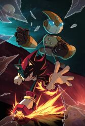 1girl bald blonde_hair clenched_hands emerl_(sonic) facial_hair furry furry_male gerald_robotnik glass_shards highres humanoid_robot maria_robotnik mechanical_arms mustache orange_eyes other_subject1 robot shadow_the_hedgehog sonic_(series) sonic_battle sonic_generations sonic_x_shadow_generations teeth