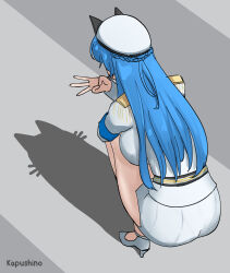 Rule 34 | 1girl, absurdres, blue hair, braid, breasts, cat, cat shadow puppet (meme), epaulettes, faustino tk, goddess of victory: nikke, half up half down braid, hat, helm (nikke), high heels, highres, large breasts, meme, peaked cap, shadow, sitting, skirt, thighs