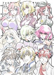 Rule 34 | aina saharin, blonde hair, blue eyes, brown hair, duo maxwell, gundam, gundam 00, gundam 08th ms team, gundam seed, gundam seed destiny, gundam wing, gundam zz, hair behind ear, hair ornament, haman karn, highres, looking at viewer, mecha pilot suit, meer campbell, meyrin hawke, military uniform, normal suit (gundam), one eye closed, pilot suit, pink hair, purple eyes, red hair, short hair, smile, star (symbol), star hair ornament, stellar loussier, twintails, yanada kiyorin, zaft uniform, zeta gundam