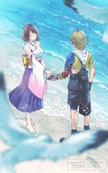 1boy 1girl bare_shoulders barefoot beach bird blonde_hair blue_shorts blue_skirt blurry blurry_foreground brown_hair closed_eyes cropped_jacket detached_sleeves facing_another final_fantasy final_fantasy_x from_above full_body gloves highres hood hood_down jacket medium_hair nontraditional_miko ocean quichi_91 sand sash short_hair shorts skirt standing tidus waves yellow_jacket yuna_(ff10)