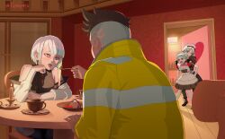 1boy 3girls absurdres angry apron artist_name bottle cake cake_slice chair crossover cyberpunk_(series) cyberpunk_edgerunners dating david_martinez door drake_(nikke) eating food fuanspnto goddess_of_victory:_nikke highres jacket lucy_(cyberpunk) maid maid_apron maid_cafe multiple_girls rebecca_(cyberpunk) screaming table twitter_username wine_bottle wooden_floor yellow_jacket