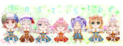 1boy 6+girls :3 :p afro animal animal_ears animal_on_head arch_bishop_(ragnarok_online) bird bird_on_head blue_coat blue_dress blue_flower blush brown_dress brown_eyes brown_hair cat_ears chicken cleavage_cutout closed_eyes closed_mouth clothing_cutout coat commentary_request cropped_jacket cross cross_necklace dress envelope fake_animal_ears flower full_body green_background green_eyes grin hat hat_flower high_ponytail highres holding_hands jacket jewelry juliet_sleeves long_hair long_sleeves looking_at_viewer mouth_hold multiple_girls musical_note necklace on_head one_eye_closed open_mouth pants pink_hair ponytail poring puffy_sleeves purple_hair rabbit_earmuffs ragnarok_online red_dress red_flower sasamuke_pika sash short_hair slime_(creature) smile tam_(ragnarok_online) thighhighs tongue tongue_out two-tone_dress white_dress white_hair white_hat white_jacket white_pants white_thighhighs wig yellow_sash