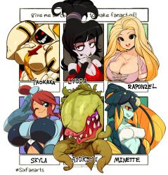 6+girls audrey_ii bad_id bad_twitter_id beetlejuice black_hair blazblue blonde_hair blue_eyes blue_gloves blunt_bangs breasts character_name cleavage collarbone colored_sclera colored_skin covered_erect_nipples crossover english_text gloves green_eyes green_skin gym_leader highres hood hooded_jacket huge_breasts jacket large_breasts little_shop_of_horrors long_hair looking_at_viewer lydia_deetz medium_breasts minette_(skullgirls) monster multiple_crossover multiple_drawing_challenge multiple_girls nintendo one_eye_closed pale_skin pokemon pokemon_bw rapunzel_(disney) red_eyes red_hair salute sharp_teeth short_hair six_fanarts_challenge skullgirls skyla_(pokemon) slugbox tangled taokaka teeth tentacles upper_body yellow_sclera