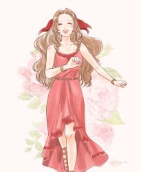 1girl aerith_gainsborough aerith_gainsborough_(ruddy_pink_dress) bangle belt bracelet brown_hair closed_eyes commentary_request crisis_core_final_fantasy_vii dress final_fantasy final_fantasy_vii final_fantasy_vii_remake flower hair_ribbon highres jewelry light_blush long_dress long_hair nail_polish official_alternate_costume omochi_odango open_mouth parted_bangs red_dress ribbon sidelocks simple_background smile solo teeth upper_teeth_only wall_market