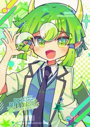 1girl abstract_background alternate_costume artist_name ben-day_dots bespectacled blue_shirt commentary_request draco_centauros dragon_girl dragon_horns dragon_wings english_text fang glasses green_eyes green_hair green_theme green_wings hair_between_eyes hair_tubes highres holding holding_removed_eyewear horns jacket light_blush looking_at_viewer necktie offbeat open_mouth pointy_ears polka_dot polka_dot_background purple_necktie puyopuyo round_eyewear school_uniform screentones shirt shooting_star short_hair short_sleeves sidelocks smile solo sparkle star_(symbol) star_in_eye symbol_in_eye unworn_eyewear upper_body white_background white_jacket wings