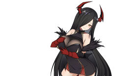 1girl azur_lane bare_shoulders black_dress black_hair breasts cleavage collarbone covered_collarbone dress friedrich_der_grosse_(azur_lane) gloves hair_over_one_eye highres horns large_breasts red_gloves rock_zinc see-through_cleavage see-through_clothes simple_background sleeveless sleeveless_dress solo white_background yellow_eyes