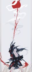 Rule 34 | 1boy, absurdres, black hair, blood, blood spray, doll joints, dororo (tezuka), grey background, highres, hyakkimaru (dororo), joints, long hair, looking up, male focus, prosthesis, prosthetic leg, prosthetic weapon, red sun, simple background, smoke, solo, wind, yakikesen