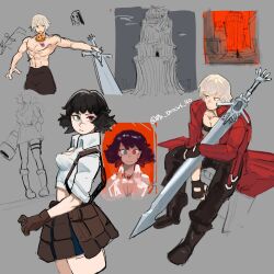 Rule 34 | 1boy, 1girl, artist name, black hair, blue eyes, coat, dante (devil may cry), devil may cry, devil may cry (series), devil may cry 3, fingerless gloves, food, gloves, green eyes, grey background, heterochromia, highres, holding, holding sword, holding weapon, jewelry, lady (devil may cry), midriff, multiple views, necklace, no shirt, pants, pizza, pizza slice, pk draws 40, rebellion (sword), red coat, red eyes, scar, scar on face, scar on nose, shirt, simple background, sword, weapon, white hair, white shirt