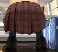 1girl ass ass_focus bag black_shoes brown_skirt close-up commentary_request highres idolmaster idolmaster_shiny_colors plaid_clothes plaid_skirt pleated_skirt puriketsu_corgy school_bag school_uniform shoes skirt solo sonoda_chiyoko