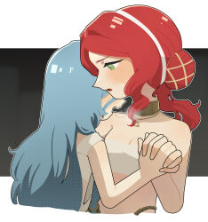 2girls 37_(reverse:1999) bite_mark bite_mark_on_shoulder black_background blue_hair blush breasts cleavage cropped_torso daku_k freckles furrowed_brow gold_choker hair_bun hairband highres holding_hands interlocked_fingers long_hair looking_to_the_side multiple_girls open_mouth profile reverse:1999 single_side_bun sophia_(reverse:1999) steam_from_mouth strapless sweat tube_top two-tone_background upper_body very_long_hair white_background white_hairband white_tube_top yuri