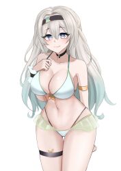 absurdres bare_shoulders bikini black_choker black_hairband breasts choker cleavage closed_mouth collarbone firefly_(honkai:_star_rail) grey_hair hair_between_eyes hair_ornament hairband highres hivern honkai:_star_rail honkai_(series) large_breasts long_hair looking_at_viewer navel pink_eyes scrunchie simple_background smile stomach swimsuit thick_thighs thigh_strap thighs white_background white_bikini wrist_scrunchie