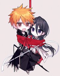 Rule 34 | 1boy, 1girl, :&lt;, black hair, bleach, bleach: epilogue, blush, bound together, bow, brown eyes, chain, closed mouth, commentary, double-parted bangs, eyes visible through hair, fang, frown, full body, g ieep, grey background, hair between eyes, haori, holding, holding sword, holding weapon, japanese clothes, katana, kimono, kuchiki rukia, kurosaki ichigo, long hair, long ribbon, looking at another, looking down, official alternate hair length, official alternate hairstyle, orange hair, red bow, red ribbon, ribbon, short hair, simple background, skin fang, sode no shirayuki (shikai), spiked hair, sweatdrop, sword, tensa zangetsu (bankai), v-shaped eyebrows, very long hair, weapon, white kimono, white ribbon