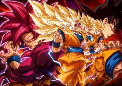 Rule 34 | 1boy, black hair, blonde hair, body fur, catdestroyer, dougi, dragon ball, dragon ball daima, highres, long hair, male focus, monkey boy, monkey tail, muscular, muscular male, orange pants, pants, red fur, saiyan, solo, son goku, spiked hair, super saiyan, super saiyan 1, super saiyan 2, super saiyan 3, super saiyan 4, tail