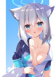 1girl animal_ears blue_archive blue_eyes blush bottle breasts carrying cat_ears cleavage collarbone commentary_request hair_between_eyes halo highres holding long_sleeves looking_at_viewer medium_breasts nanamomo_rio parted_lips shiroko_(blue_archive) shiroko_(cycling)_(blue_archive) short_hair sidelocks silver_hair simple_background solo sports_drink sweat two-tone_background undressing upper_body zipper