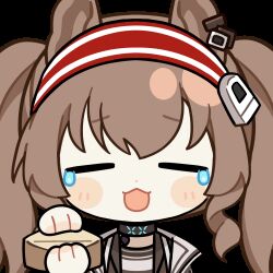 1girl :3 :d angelina_(arknights) animated animated_gif arknights black_choker blush brown_hair chinese_commentary choker chunye_haruya closed_eyes coat commentary_request crying dot_nose earpiece empty_wallet facing_viewer hair_between_eyes hairband holding holding_wallet infection_monitor_(arknights) jacket long_hair lowres material_growth open_clothes open_coat open_jacket open_mouth oripathy_lesion_(arknights) red_eyes red_hairband red_jacket second-party_source smile solo striped_clothes striped_hairband transparent_background twintails two-tone_hairband wallet white_coat