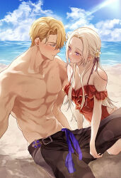 1boy 1girl abs absurdres armpit_crease bare_arms bare_shoulders beach belt black_belt black_pants blonde_hair blue_eyes blue_sky blush breasts cleavage closed_mouth cloud cloudy_sky collarbone couple covered_navel dated_commentary dimitri_alexandre_blaiddyd dimitri_alexandre_blaiddyd_(summer) edelgard_von_hresvelg edelgard_von_hresvelg_(summer) fire_emblem fire_emblem:_three_houses fire_emblem_heroes flower frilled_sleeves frills from_side hair_between_eyes hair_flower hair_ornament hair_ribbon hetero highres knee_up leaning_back leaning_forward leaning_to_the_side long_hair looking_at_another looking_down looking_up male_swimwear medium_breasts navel nintendo ocean off_shoulder official_alternate_costume one-piece_swimsuit outdoors pants parted_bangs purple_eyes purple_ribbon red_one-piece_swimsuit ribbon sand short_hair sitting sky soma_otakuu stomach sunlight swimsuit water wet white_hair