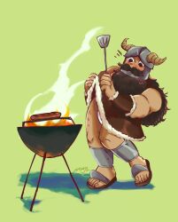 1boy bara beard blush brown_hair bulge_peek cooking dungeon_meshi dwarf facial_hair fake_horns fanning fire full_body helmet highres horned_helmet horns leaning_back long_beard male_focus mustache senshi_(dungeon_meshi) solo spacetravels standing steaming_food thick_mustache very_long_beard wok