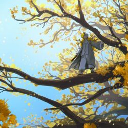 Rule 34 | 1girl, blue sky, closed mouth, coat, day, dongbaek (project moon), e.g.o (project moon), flaw eight, flower, full body, grey coat, hanbok, highres, jacket, korean clothes, limbus company, long sleeves, looking at viewer, outdoors, pants, project moon, short hair, sky, solo, spicebush (e.g.o), standing on branch, sunlight, white hair, white hanbok, white jacket, white pants, wide shot, wide sleeves, yellow eyes, yellow flower