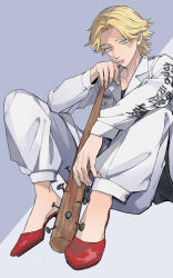 Rule 34 | 1boy, azkn, baseball bat, blonde hair, blue eyes, burn scar, closed mouth, coat, delinquent, grey background, high heels, highres, holding, holding baseball bat, inui seishu, jacket, looking at viewer, male focus, nail, nail (hardware), nail bat, pants, red footwear, scar, scar on face, simple background, solo, tokkoufuku, tokyo revengers, two-tone background, weapon, white jacket, white pants