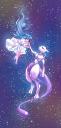 1girl amber_(pokemon) ambertwo_(pokemon) blue_hair closed_eyes commentary_request gen_1_pokemon highres legendary_pokemon long_hair looking_at_another mewtwo nintendo pokemon pokemon:_the_first_movie_-_mewtwo_strikes_back pokemon_(anime) pokemon_(classic_anime) pokemon_(creature) potemayosand sky star_(sky) starry_sky tail