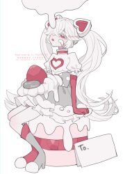#compass 1girl asymmetrical_footwear boots bow colored_eyelashes dirty dirty_face dress dripping elbow_gloves english_text food food_on_face frilled_dress frills fruit full_body gloves hair_ornament hair_over_one_eye heart heart_hair_ornament heart_print highres letter long_hair looking_up merry_christmas mismatched_footwear open_mouth polka_dot polka_dot_bow puffy_short_sleeves puffy_sleeves red_eyes red_gloves ririka_(#compass) short_sleeves simple_background sitting solo strawberry twintails twitter_username very_long_hair watermark whipped_cream white_background white_dress white_hair yakitori_egg