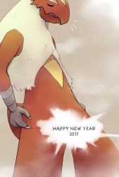 1other 2007 arms_at_sides blaziken blonde_hair body_fur boke-chan brown_background claws closed_eyes convenient_censoring cowboy_shot creatures_(company) english_text closed_eyes game_freak gen_3_pokemon happy_new_year long_hair new_year nintendo notice_lines open_mouth other_focus pokemon pokemon_(creature) red_fur simple_background solo standing steam steam_censor two-tone_fur u_u yellow_fur