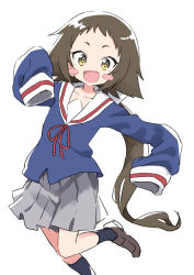 Rule 34 | 1girl, :d, absurdres, blush stickers, brown hair, brown shoes, gazacy (dai), grey skirt, highres, long hair, long sleeves, mikakunin de shinkoukei, mitsumine mashiro, open mouth, red neckwear, school uniform, shoes, simple background, skirt, sleeves past fingers, sleeves past wrists, smile, socks, solo, white background, yellow eyes