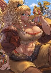 1girl abs absurdres arkveld belt blonde_hair blue_eyes braid breasts character_doll dragon gemma_(monster_hunter_wilds) highres jewelry large_breasts midriff monster_hunter_(series) monster_hunter_wilds muscular muscular_female mynameissuusan navel necklace ponytail rey_dau single_braid sitting