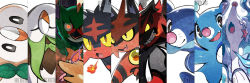 10s bird brionne column_lineup creatures_(company) dartrix decidueye disgaea evolution evolutionary_line fire furry game_freak gen_7_pokemon highres incineroar litten nintendo one_eye_closed owl pokemon pokemon_(creature) pokemon_sm popplio primarina rae_(hexedwithluck) rowlet smile starter_pokemon_trio torracat wink