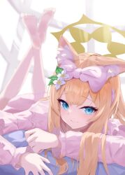 Rule 34 | 1girl, alternate costume, animal ears, barefoot, blue archive, closed mouth, eco mak1, flower, foot up, fox ears, fox girl, green eyes, hair flower, hair ornament, halo, highres, long hair, looking at viewer, lying, mari (blue archive), on stomach, orange hair, pajamas, pink pajamas, solo, yellow halo