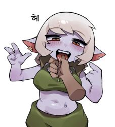 1boy 1girl breasts colored_skin disembodied_hand drooling green_pants green_tank_top grey_hair hands_up hetero ino2002 league_of_legends looking_at_viewer medium_breasts midriff naughty_face navel orange_eyes pants pointy_ears pov pov_hands purple_skin saliva short_hair shortstack simple_background solo_focus tank_top teeth tongue tongue_out tristana_(league_of_legends) upper_body upper_teeth_only white_background yordle