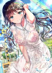1girl absurdres blue_eyes blush bra braid breasts brown_hair cloud cloudy_sky cowboy_shot day dress dripping grin hand_on_own_thigh highres lace_dress lace_sleeves leaning_forward light_particles long_hair looking_at_viewer medium_breasts ogata_tei original outdoors pink_bra pink_nails railroad_crossing rainbow see-through_clothes see-through_dress short_sleeves signature sky smile solo sunlight underwear wet wet_clothes white_dress wind