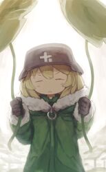 1girl :&lt; =_= backlighting black_gloves blonde_hair blush_stickers clenched_hands closed_eyes closed_mouth coat combat_helmet facing_viewer fur-trimmed_coat fur-trimmed_hood fur-trimmed_sleeves fur_trim gloves green_coat hands_up helmet high_collar highres holding holding_leaf hood hood_down leaf long_sleeves no_nose short_hair shoujo_shuumatsu_ryokou solo stahlhelm straight-on upper_body v-shaped_eyebrows yubrich yuuri_(shoujo_shuumatsu_ryokou) zipper