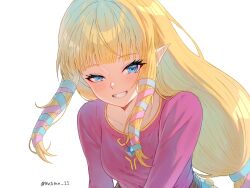 1girl blonde_hair blue_eyes blush breasts hair_ornament highres long_hair looking_at_viewer matoma_11 nintendo open_mouth pink_shirt pointy_ears princess_zelda shirt sidelocks simple_background smile solo the_legend_of_zelda the_legend_of_zelda:_skyward_sword upper_body white_background
