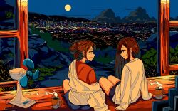 2girls artdroiiid_ii blue_shorts brown_eyes brown_hair cable city city_lights cityscape closed_mouth cloud coffee coffee_mug commentary cup electric_fan english_commentary eye_contact from_behind full_moon green_eyes grin hair_bun highres hill jacket long_hair long_sleeves looking_at_another moon mountainous_horizon mug multiple_girls night night_sky off_shoulder original parted_lips red_shirt scenery shirt short_sleeves shorts sidelocks sideways_mouth sitting sky sleeves_past_wrists smile steam steaming_food straight_hair sweater t-shirt veranda white_jacket white_sweater yuri