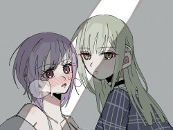 2girls bang_dream! bang_dream!_it&#039;s_mygo!!!!! bare_shoulders blue_dress blush breath caught choker closed_mouth commentary dress frilled_choker frills green_hair grey_shirt hair_ornament hairclip highres long_hair looking_at_viewer mdin4k multiple_girls off-shoulder_shirt off_shoulder open_mouth pink_eyes plaid_clothes plaid_dress purple_hair shirt sweat wakaba_mutsumi yellow_eyes yuri yuutenji_nyamu