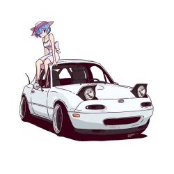 1girl asymmetrical_bangs back_bow blue_hair bow car closed_mouth commentary dress english_commentary eunos_roadster hair_ornament hair_over_one_eye hairclip hat jestami looking_at_viewer mazda mazda_mx-5 mazda_mx-5_na motor_vehicle on_car radio_antenna re:zero_kara_hajimeru_isekai_seikatsu rem_(re:zero) short_hair signature simple_background sitting smile solo sun_hat vehicle_focus white_background white_dress white_footwear white_hat