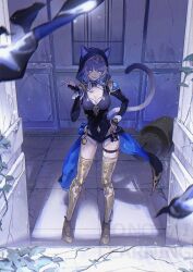 1girl absurdres animal_ears animal_hood belt black_gloves black_hood blue_eyes boots bow breasts cat_ears cat_girl cat_hood cat_tail cipher_(honkai:_star_rail) cleavage fingerless_gloves full_body gloves gold_boots grey_hair hair_bow hand_on_own_hip highres hitohachan honkai:_star_rail honkai_(series) hood long_sleeves looking_at_viewer mole mole_on_chest parted_lips short_hair smile solo standing tail thigh_belt thigh_boots thigh_strap white_bow yellow_nails